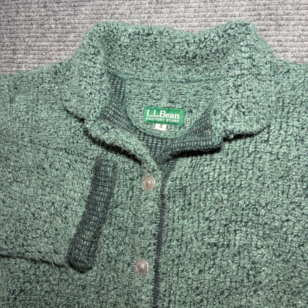 LL Bean Factory Store Green Boucle Knit Button Front Cardigan Sweater Womens S
